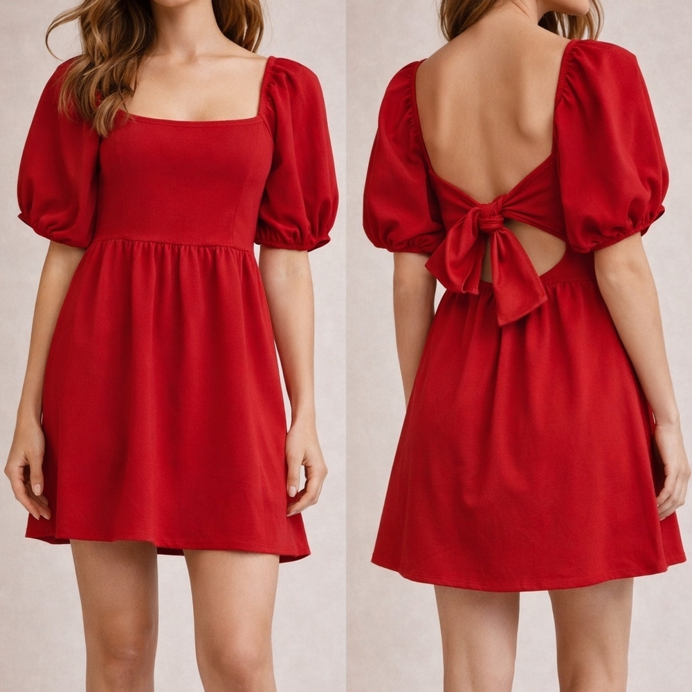 altar'd state Elegant Backless Red Dress with Puff Sleeves